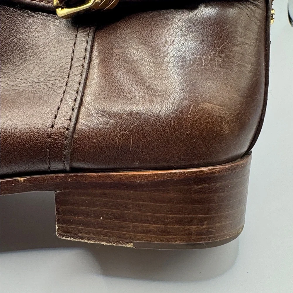 Tory Burch Marlene Riding Boots Brown Leather 9M Gold Buckle Equestrian Tall